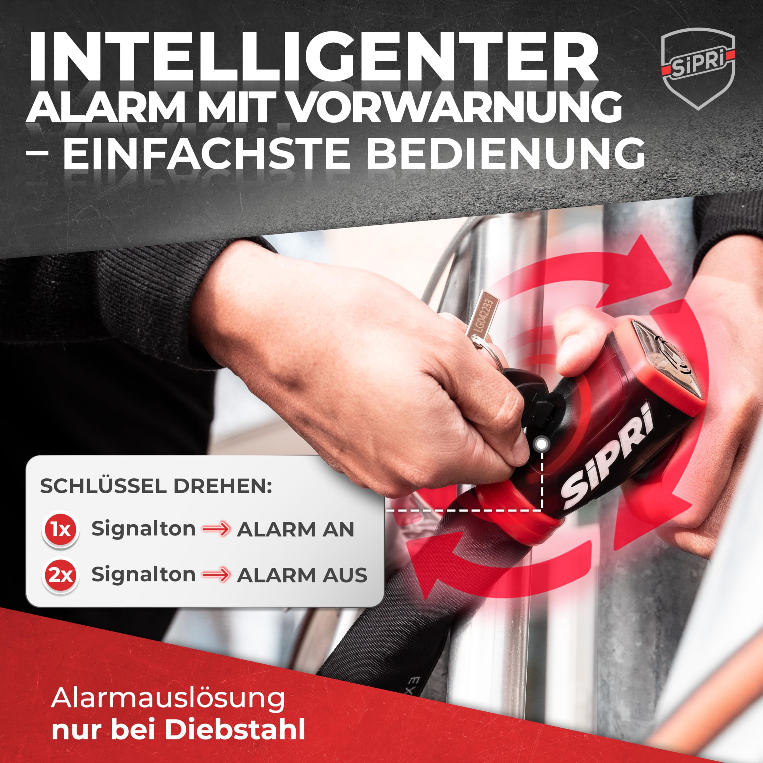 SIPRI® Fahrradschloss mit Alarm 120 dB | Kettenschloss Fahrradschloss hohe Sicherheit für E-Bike, E-Scooter & Motorrad | 8 mm Stahl, wetterfest, robust & langlebiges Schloss mit Schlüssel