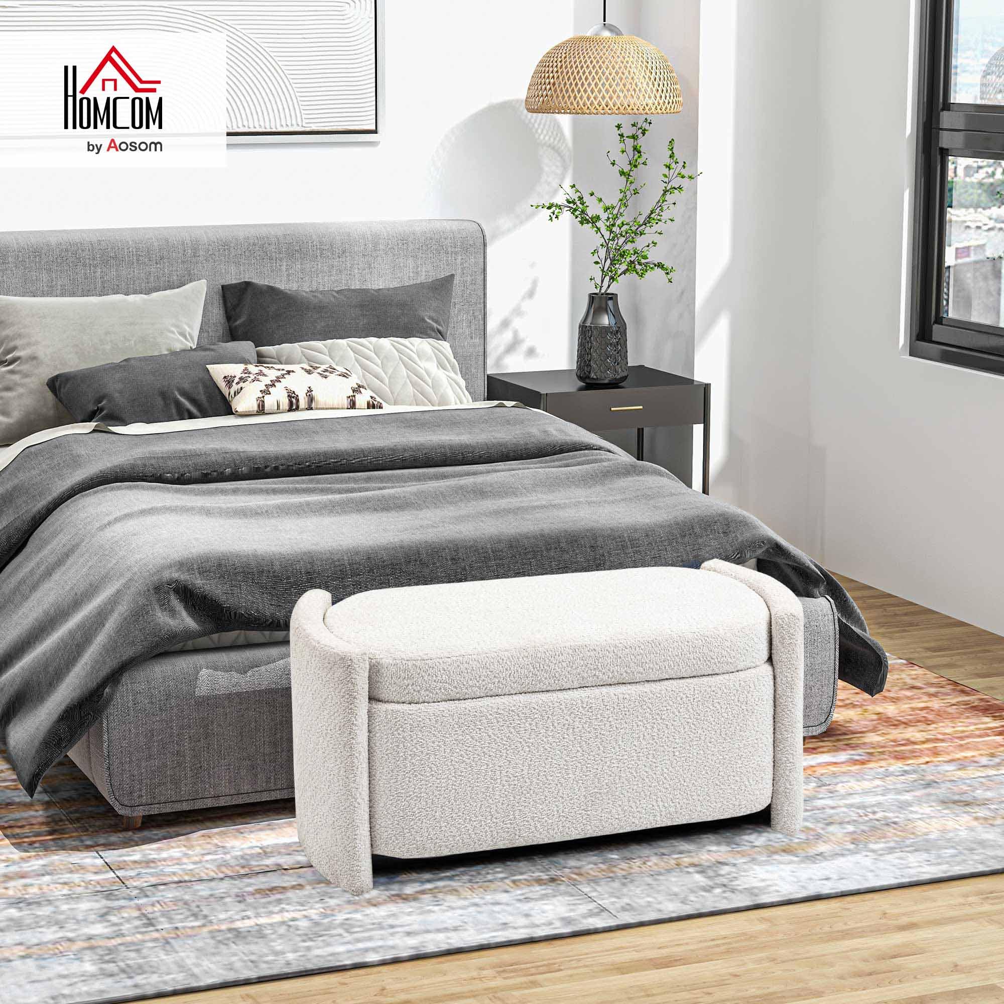 HOMCOM Sitzbank Bettbank mit Stauraum mit Deckel Creme 105 x 44 x 45,5 cm | Polsterbank, Teddy-Samtoptik, Sitztruhe, Truhenbank für Wohnzimmer, Schlafzimmer