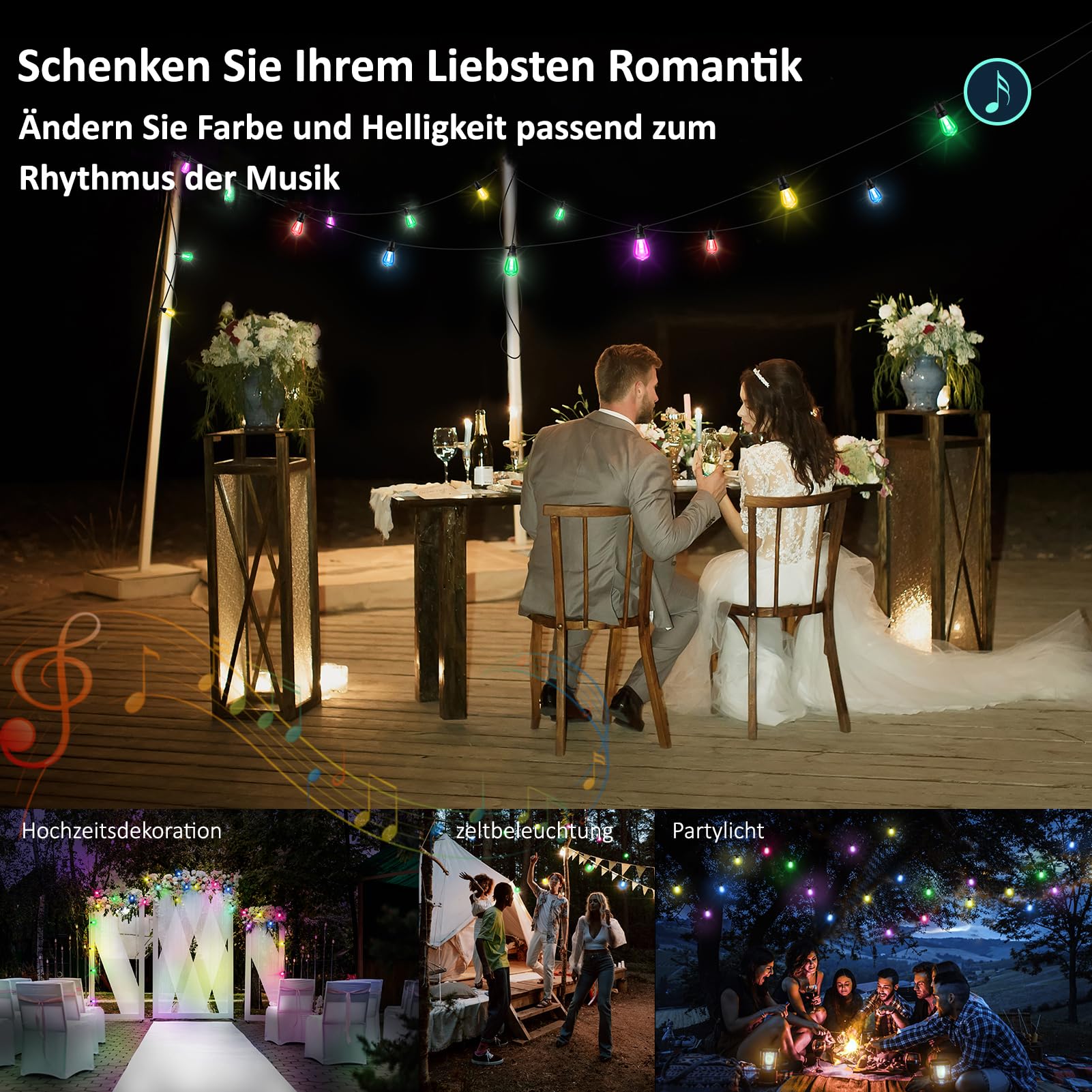 Led Lichterkette Außen Strom 16m 20 Led Bunt Farbwechsel für Party Garten | Outdoor IP65 Wetterfeste, Dimmbar, mit App & Fernbedienung steuerbar für Balkon Terrasse, Bruchsichere