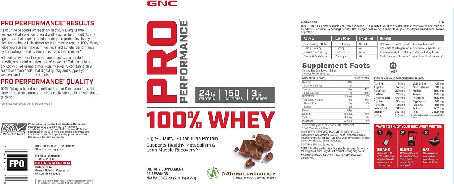 GNC Pro Performance 100% Whey Protein Powder - Natural Chocolate, 25 Servings, Supports Healthy Metabolism and Lean Muscle Recovery