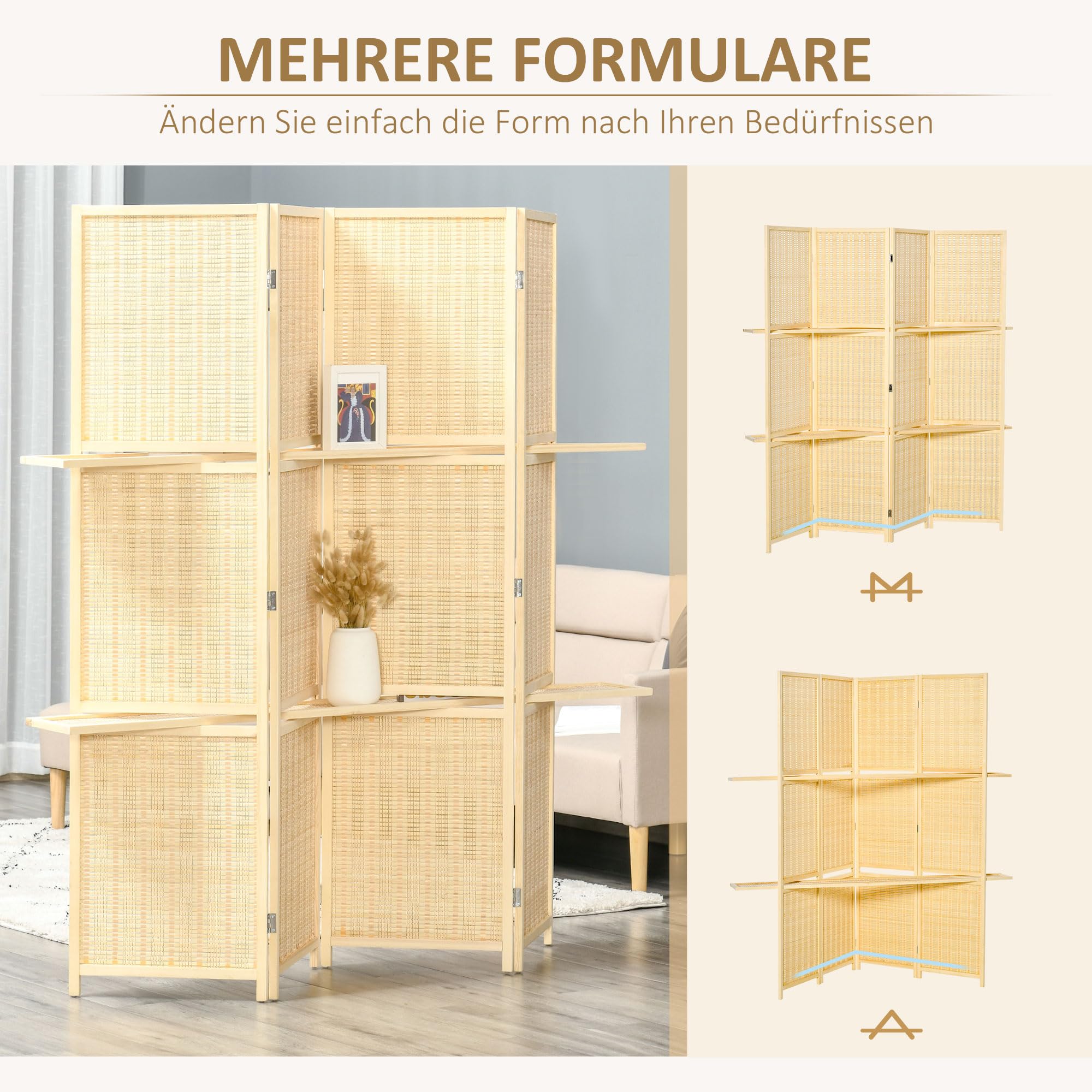 HOMCOM Paravent 4-teilig 180 x 180 cm Faltbar Trennwand mit Ablage Raumteiler, Raumtrenner aus Holz und Bambus Sichtschutz Stellwand für Wohnzimmer Natur
