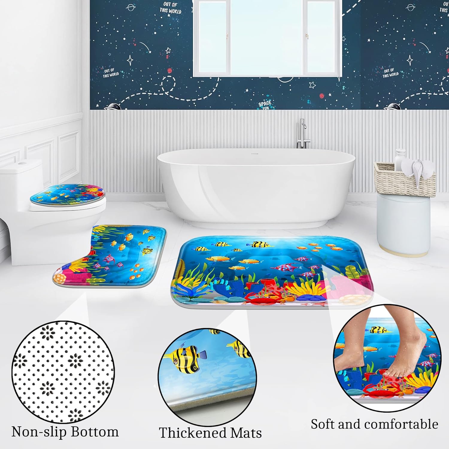 Poedist 4 Pcs Bathroom Shower Curtain Set,Kid's Bathroom Set,Shower Curtain Sets with Rugs(Bath Mat,U Shape and Toilet Lid Cover Mat) and 12 Hooks,Under The Sea-02