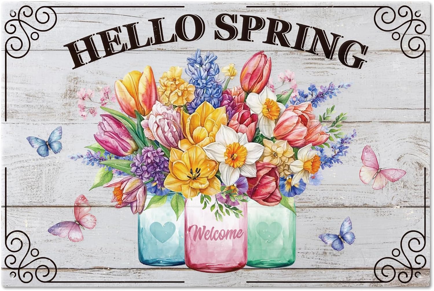 GLOBLELAND "HELLO SPRING" Metal Tin Sign 8x12in Vintage Mason Jar Tin Painting Tin Signs Flower Butterfly Wall Poster Plaque for Home Garden Office Living Rooms Kitchens Spring Events