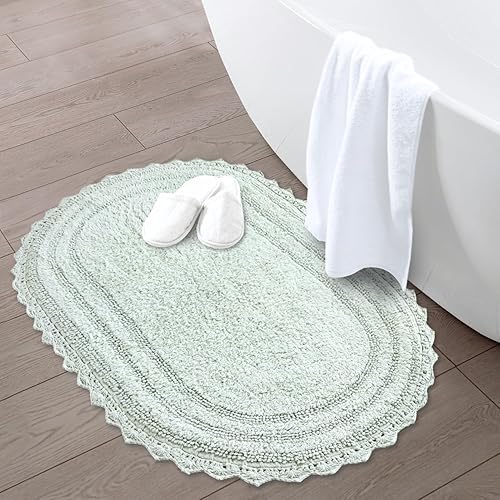 Miniatura 2 de RAJRANG Meadow Mist - Alfombra de baño ovalada de 24 x 17 pulgadas, paquete de 2 tapetes de baño reversibles de ganchillo de algodón para decoración