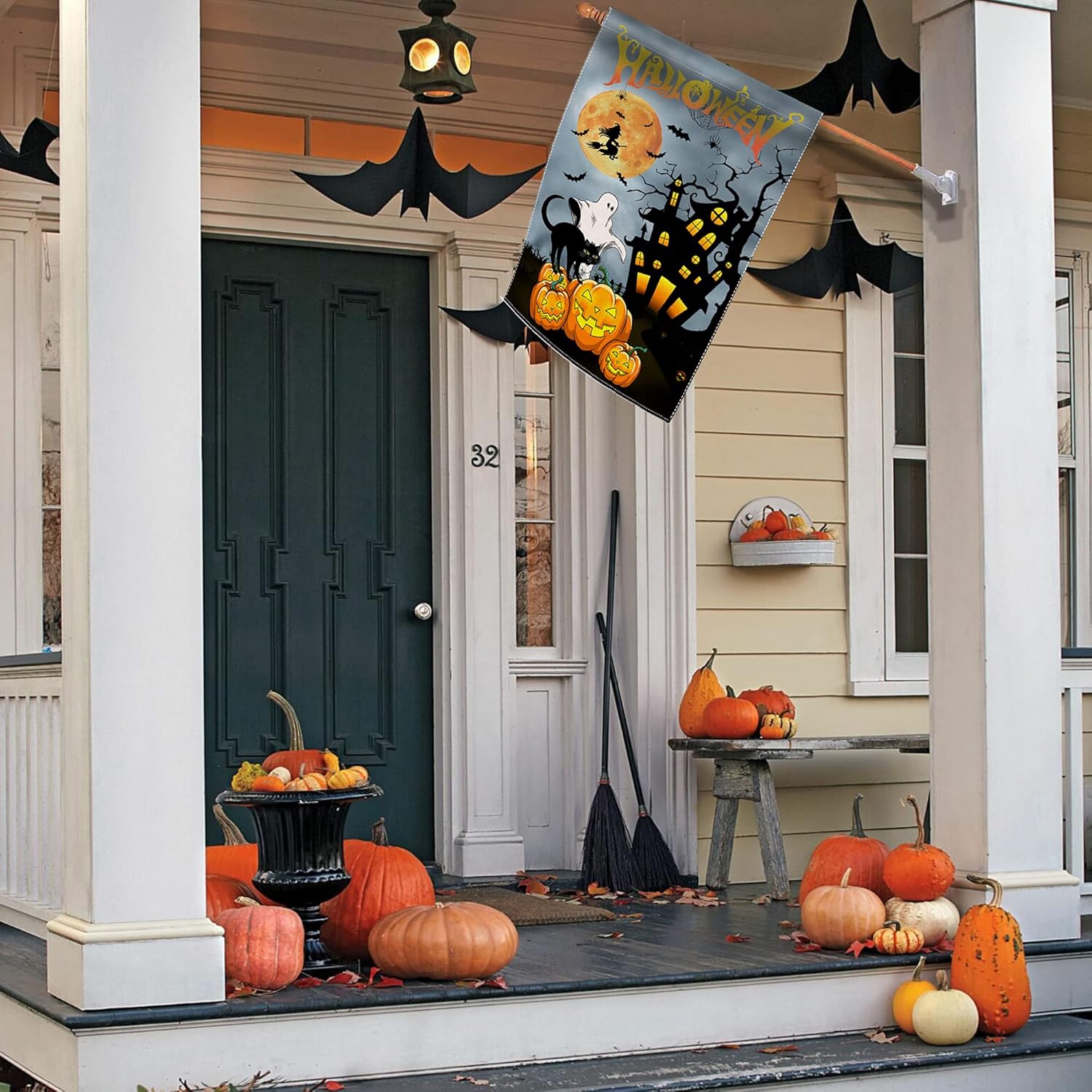 Lacvcalu Halloween House Flag 28 × 40 Inch Double Sided, Large Welcome Decorative Burlap Flag for Outdoor Farmhouse, Happy Ghost Garden Decor and Porch Banner Personalized Sign : Patio, Lawn & Garden