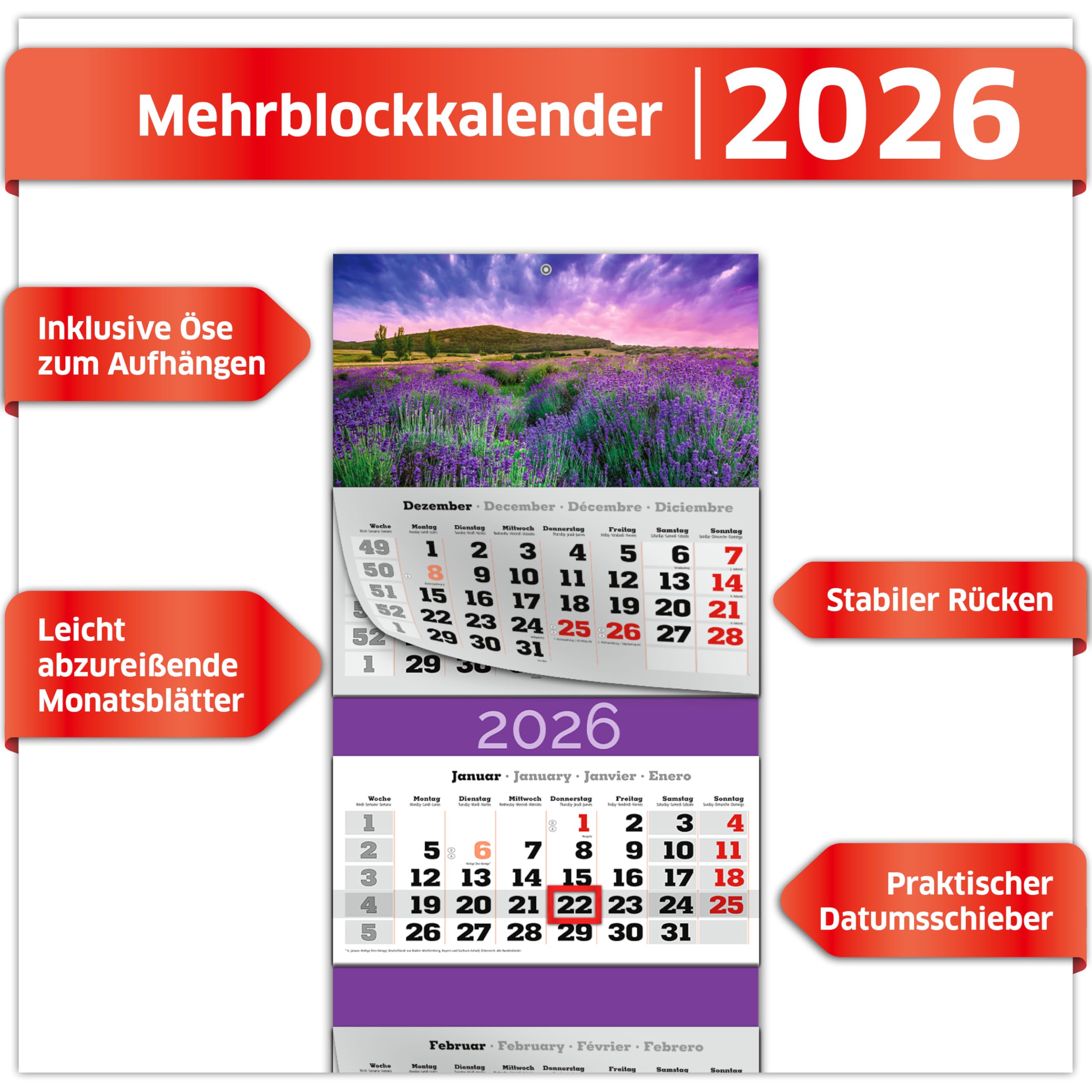 PRIMUS PRINT Calendario XXL 2026 – Calendario de pared – Calendario de pared de 4 meses – con fecha deslizante, calendario para colgar, incluye días festivos y vacaciones, varios diseños – [1 lavanda]