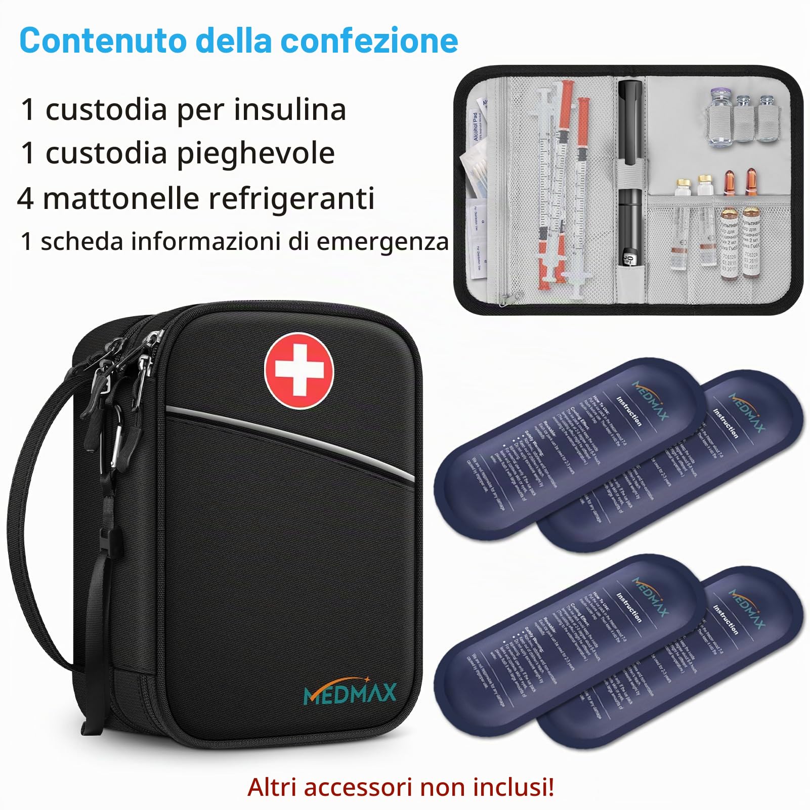 MEDMAX Borsa Termica per Insulina con 4 Impacchi di Ghiaccio, Medicinali Organizzatore da Viaggio, con Custodia Extra per Penne Insulina, Misuratori di Glucosio e altri Diabetici Accessori, (Nero)