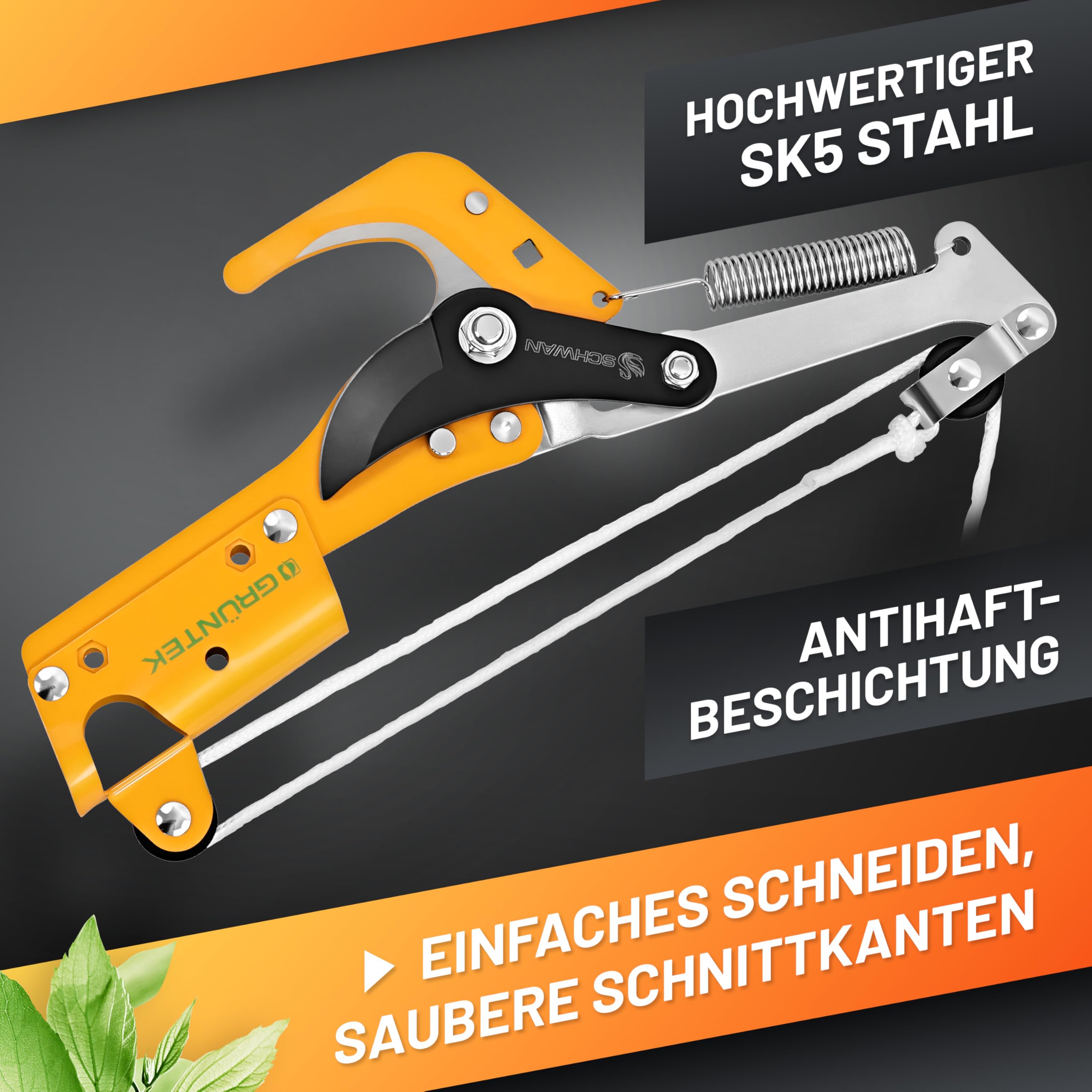 GRÜNTEK Raupenscheren Aufsatz SCHWAN, passend für Teleskopstiel WELS, Stangenschere mit hoher Hebelkraft und robustem Zugseil, Baumschere für entfernte Äste, bis 25 mm Schnittdurchmesser
