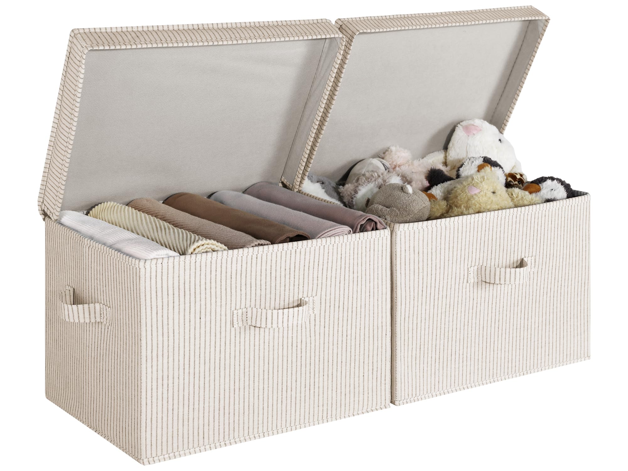 storageworks fabric storage bins with lid, decorative storage boxes for shelves, stackable closet organizer basket with handles, jumbo, gray and white stripes, 2-pack