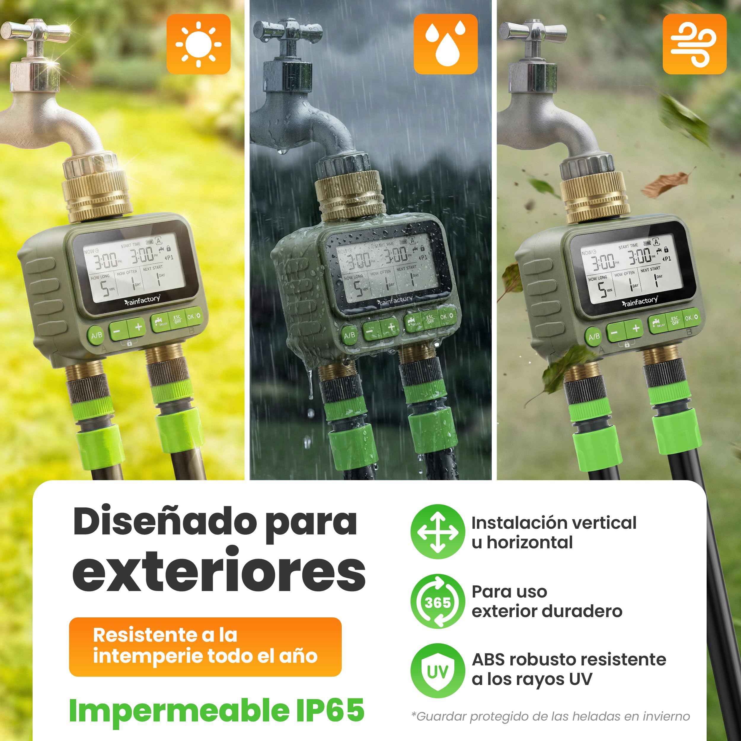 rainfactory - Programador de riego automático 2 Salidas, Temporizador riego a Pilas IP65 con Pantalla LCD, 4 programas, Manual, función delay, conexión ¾ para jardín, balcón, macetas y riego Goteo