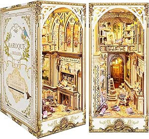 DIY Book Nook Kit - Bookshelf Insert Decor - Featured Venetian Book Nook kit example showing detailed miniature house construction with LED lighting and accessories