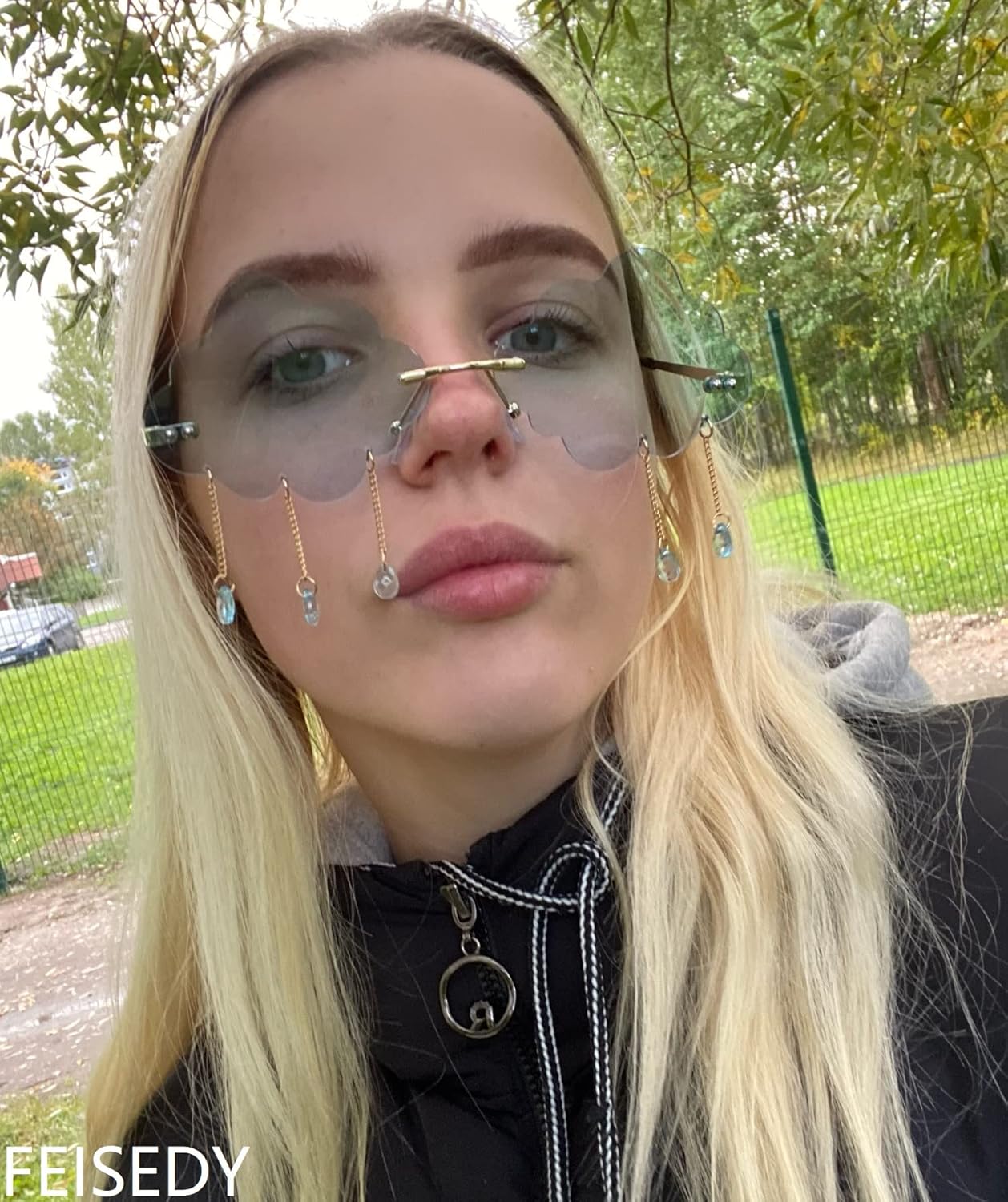 FEISEDY Retro Dripping Cloud Shaped Tassel Sunglasses Rimless Women Funny Party Disco Eyewear B2834 - Image 3