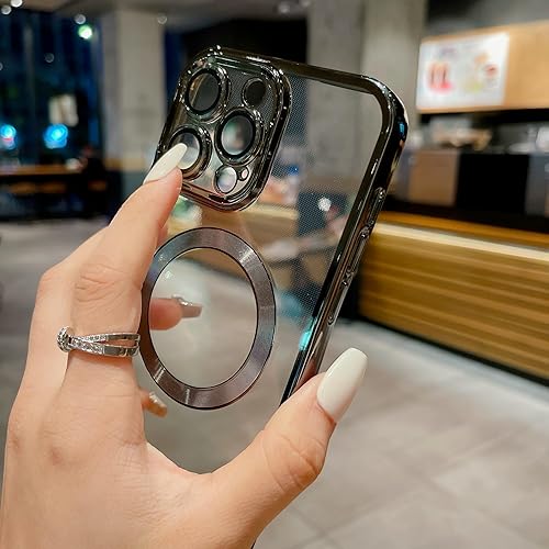 Miniatura 2 de Mangix Funda para iPhone 15 Pro Max, compatible con MagSafe Plating Luxury Cover para mujeres y niñas, funda transparente de TPU suave con 2