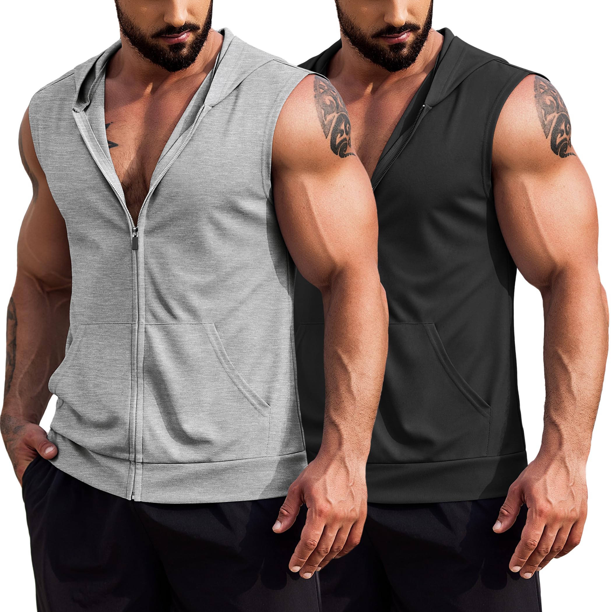COOFANDY Men's Workout Hooded Tank Tops 2 Pack Zip Up Sleeveless Gym Shirts Muscle Cut Off T Shirt Bodybuilding Hoodies