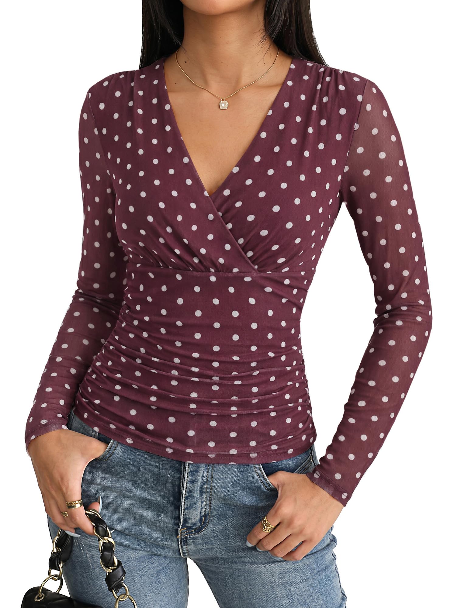 GRACE KARIN Blusa elegante plisada con flores para mujer | Volantes Abdomen Tops Vintage Cuello de Pico Slim Fit Blusa Envolvente Malla Transparente Manga Larga Camisa Otoño Invierno