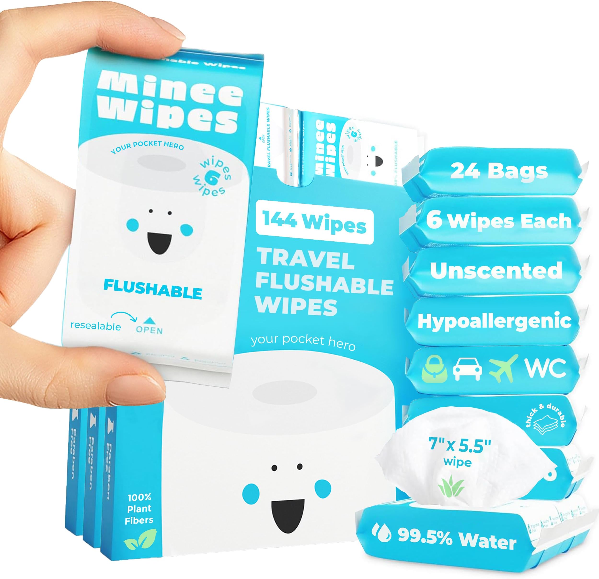 Impossibly Compact Travel Flushable Wipes - 99.5% Water and Aloe - Safe for Sensitive Skin & Hypoallergenic - Travel Essentials for Adults, Kids & Babycare, Unscented, 24 Pack 144 Wipes