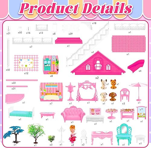 Miniatura 2 de Casa de muñecas para niñas, casa de muñecas de 8 habitaciones con figura de muñecas, cachorros, muebles, accesorios, casa de juegos para niñas de 3,