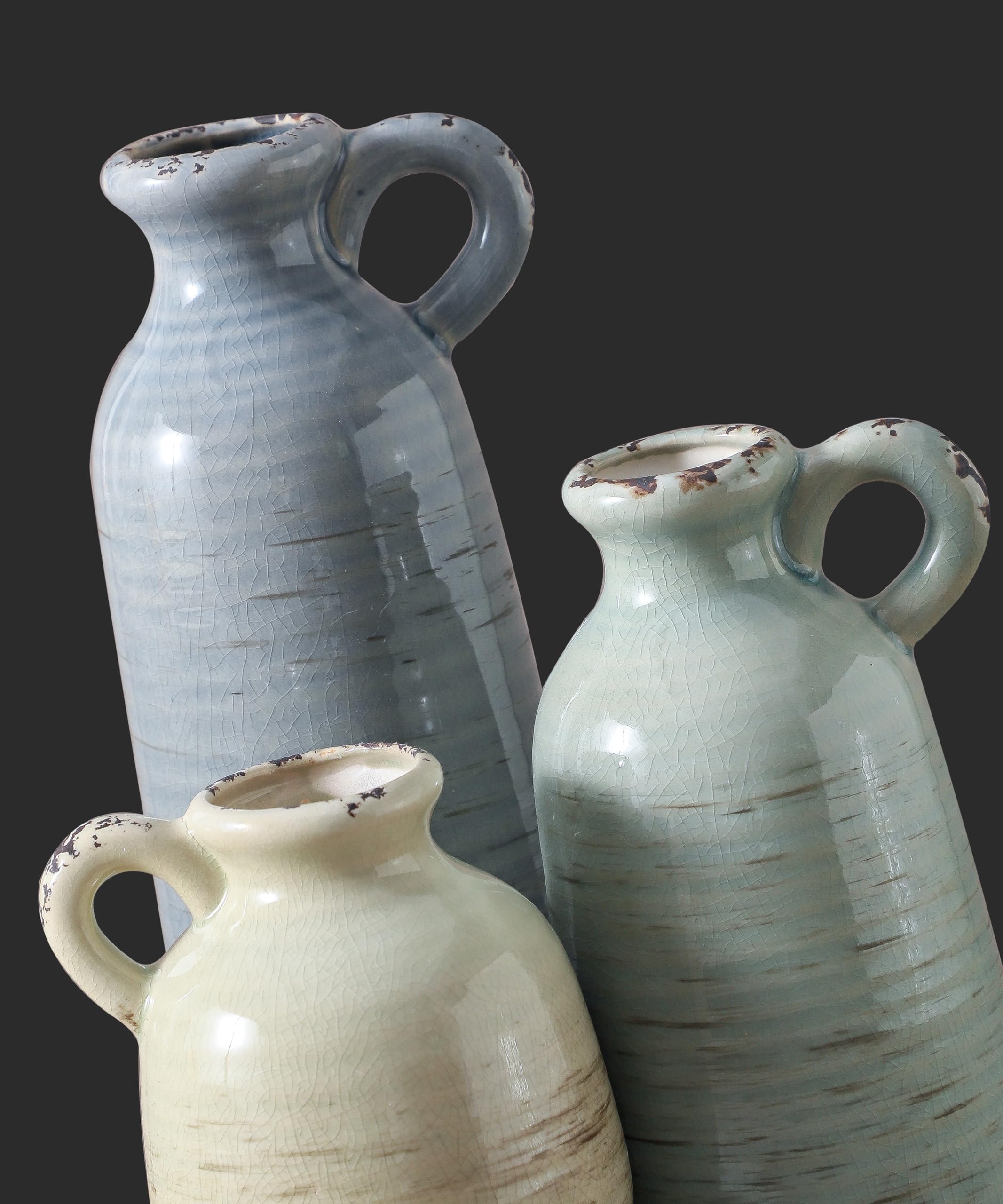 Juego de 3 jarrones de cerámica | Jarrón neutro para decoración del hogar con asa | Jarrones de cerámica modernos de granja, jarrones de flores de hierba de las pampas para decoración del hogar, mesa 3