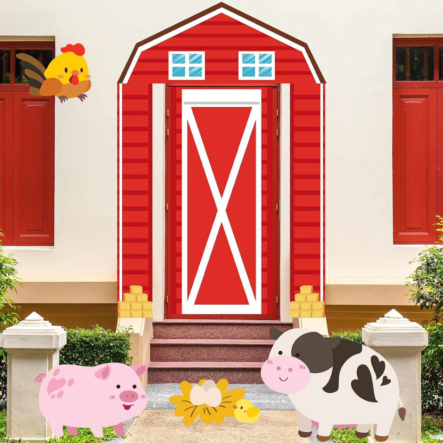 Mindsoft Farm Red Barn Door Cover Porch Banner Baby Shower Birthday Party Decoration Door Top Couplet 10 Double Sided Tape 10 Wall Hook Hanging Barnyard Backdrop for Animal Photo Booth Prop Supplies