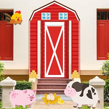 Mindsoft Farm Red Barn Door Cover Porch Banner Baby Shower Birthday Party Decoration Door Top Couplet 10 Double Sided Tape 10 Wall Hook Hanging Barnyard Backdrop for Animal Photo Booth Prop Supplies