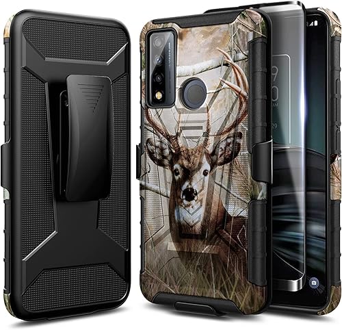 NZND Funda para TCL 20XE con protector de pantalla de vidrio templado (cobertura máxima), funda de clip para cinturón con soporte integrado, funda NZND Funda para TCL 20XE con protector de pantalla de vidrio templado (cobertura máxima), funda de clip para cinturón con soporte integrado, funda