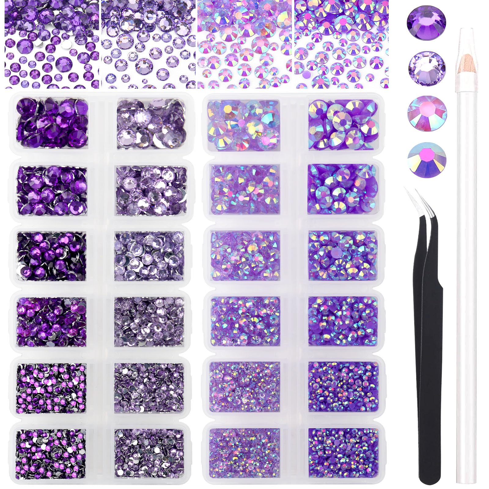 Strass en résine violets lot de 15000 pièces de 2 à 6 mm avec accessoires de pose