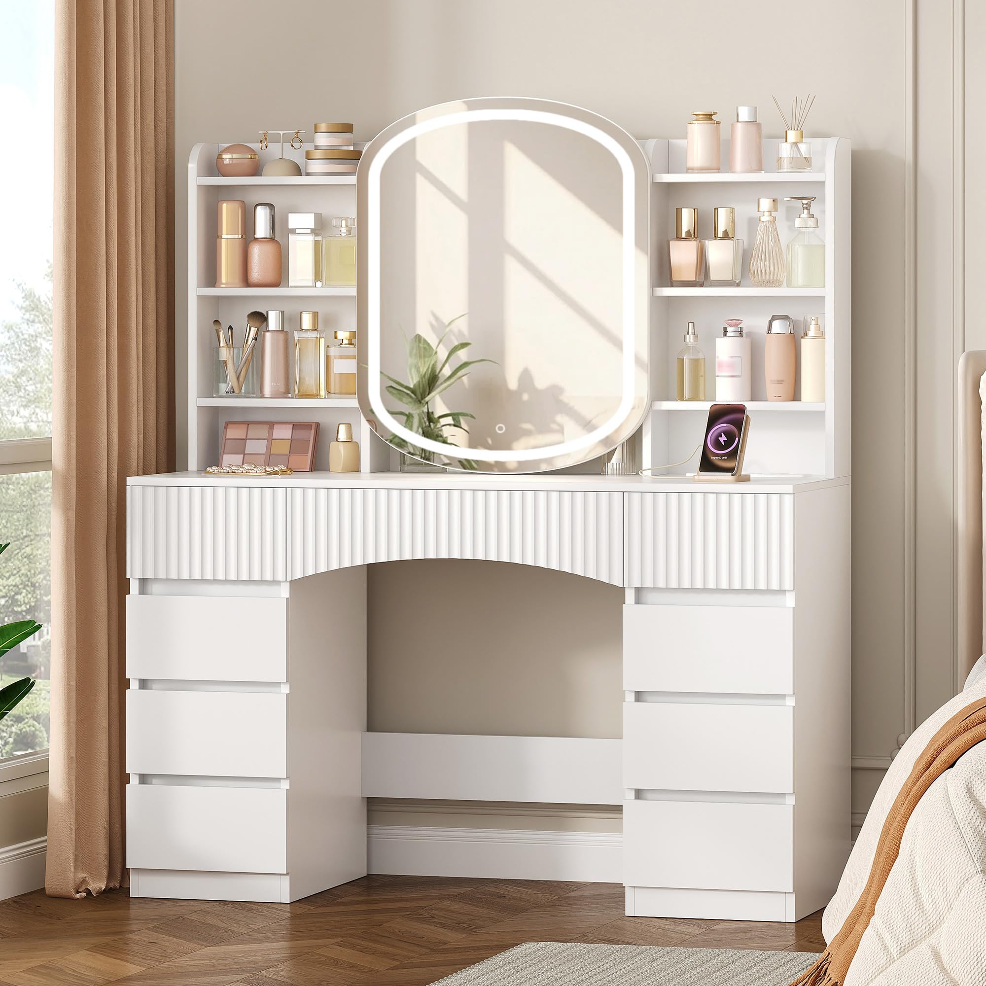 Hzuaneri Dressing Table with Mirror, Adjustable LED Lighting, Vanity Desk with Power Strip, Make up Desk with 9 Drawers and Storage Open Compartments, for Bedroom, White 1180103XUK