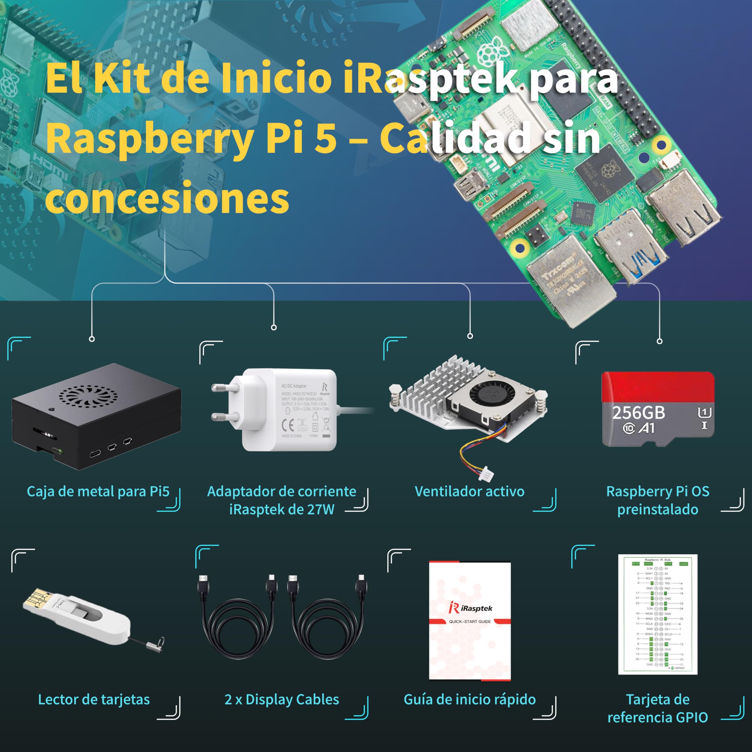 iRasptek Starter Kit For Raspberry Pi 5 16GB RAM- Edición OS-Bookworm de 256GB preinstalada (Caja de Aluminio)