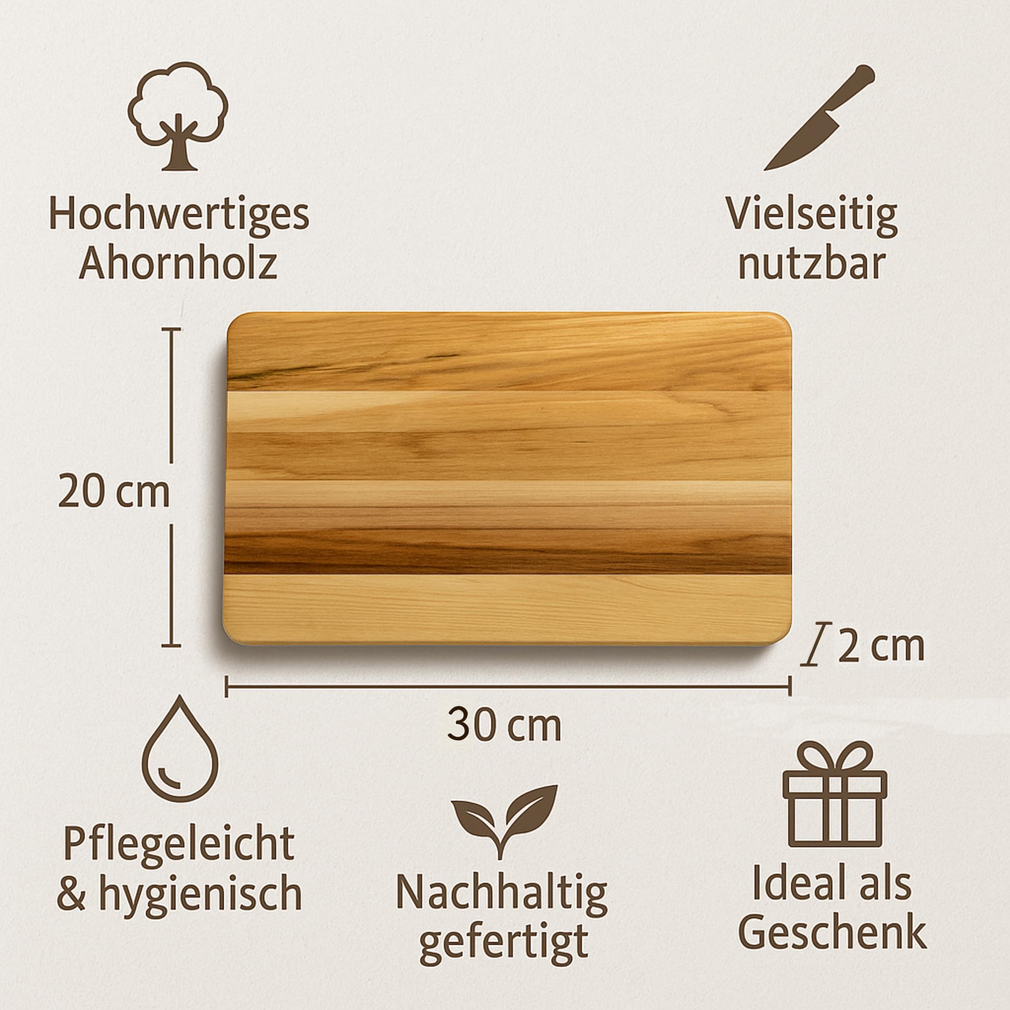 Schneidebrett Holz Ahorn 2 Stück 30 x 20 x 2 cm I aus Heimischen Holz I praktisches Schneidbrett Servierbrett Holzbrett Küchenbrett Frühstücksbrettchen geölt eckig (2)