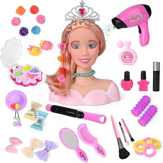 Everideals 36PCS Doll Head Hair Styling Makeup Kit with Realistic Hair Dryer - Pretend Play Beauty Salon Toys for Girls 3-6+