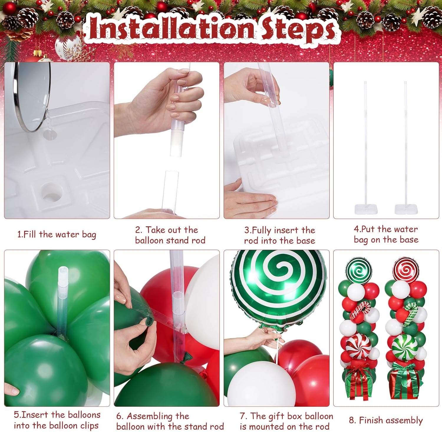 Realspring 132 Pcs Christmas Party Decorations Christmas Balloon Column Stand Kit Red Green White Candy Cane Gift Box Balloons for Xmas New Year Holiday Birthday Party Supplies