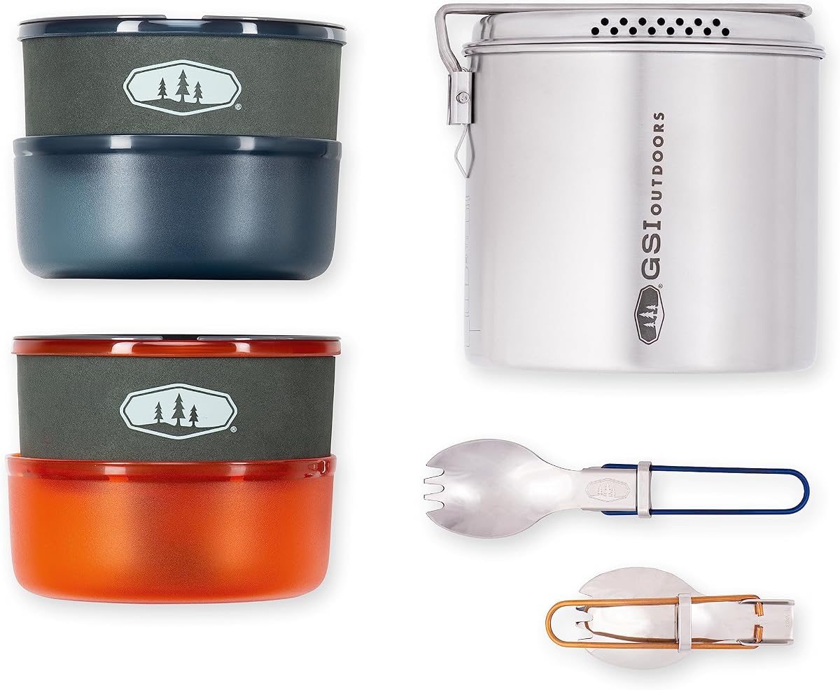 GSI Outdoors Glacier Dualist Camping Cookset, Stainless Steel Backpacking Cookware Set with Pots, Bowls, Mugs & Storage Bag, Lightweight Camping Gear for 2 People
