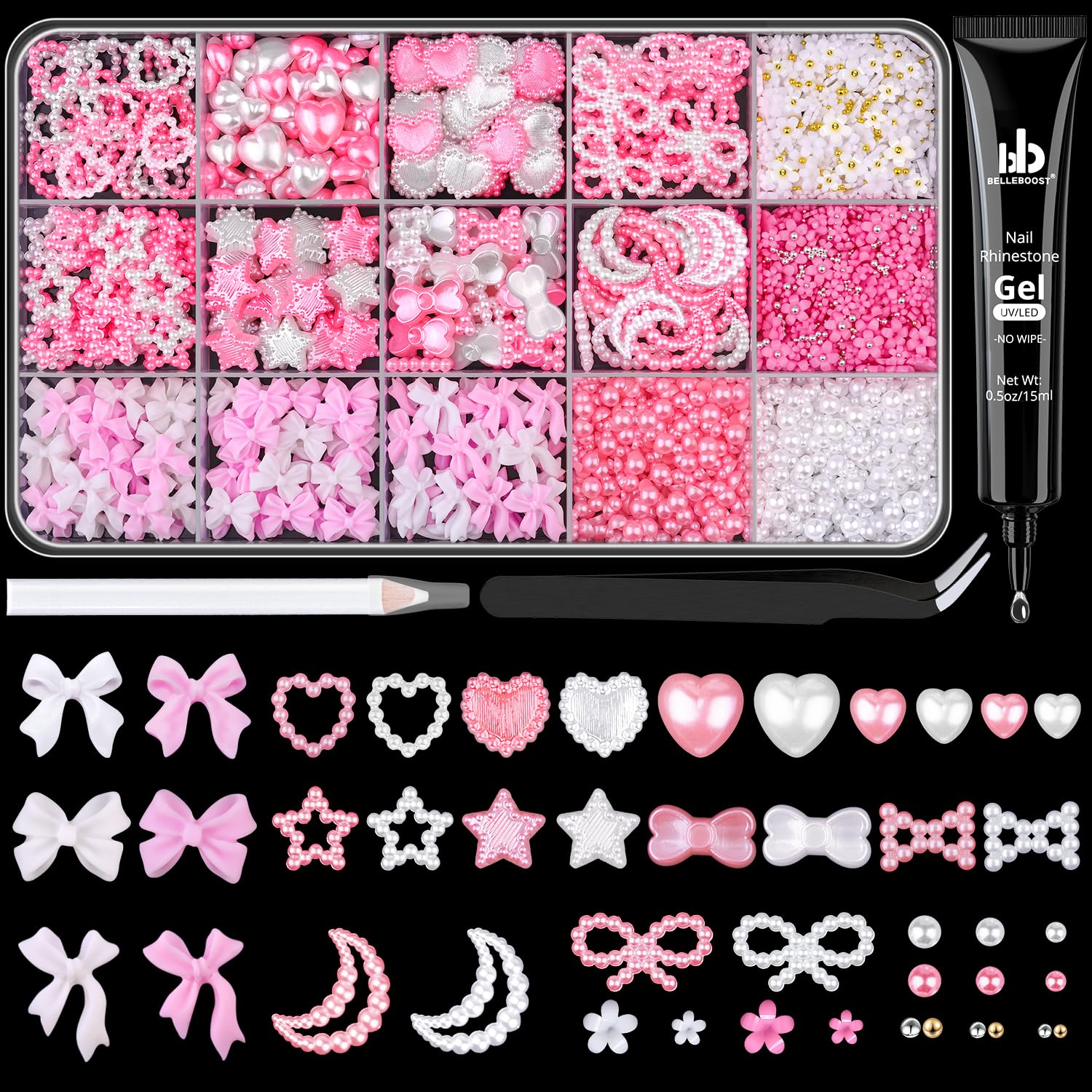 Coquette 3D Nail Charms Design Set - White Pink Nail Bows + Pearl Heart Star Moon Jewels + 3D Flowers and Pearls, With Picker Tools