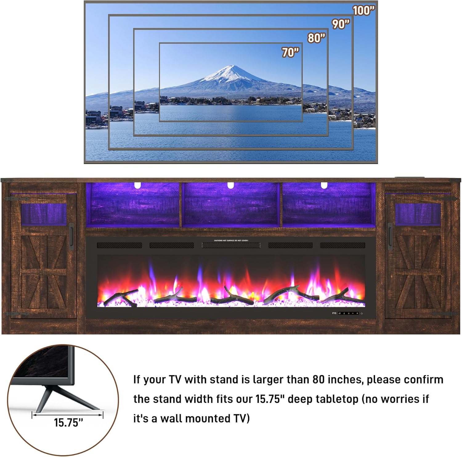 Diagram showing TV size compatibility with the TV stand