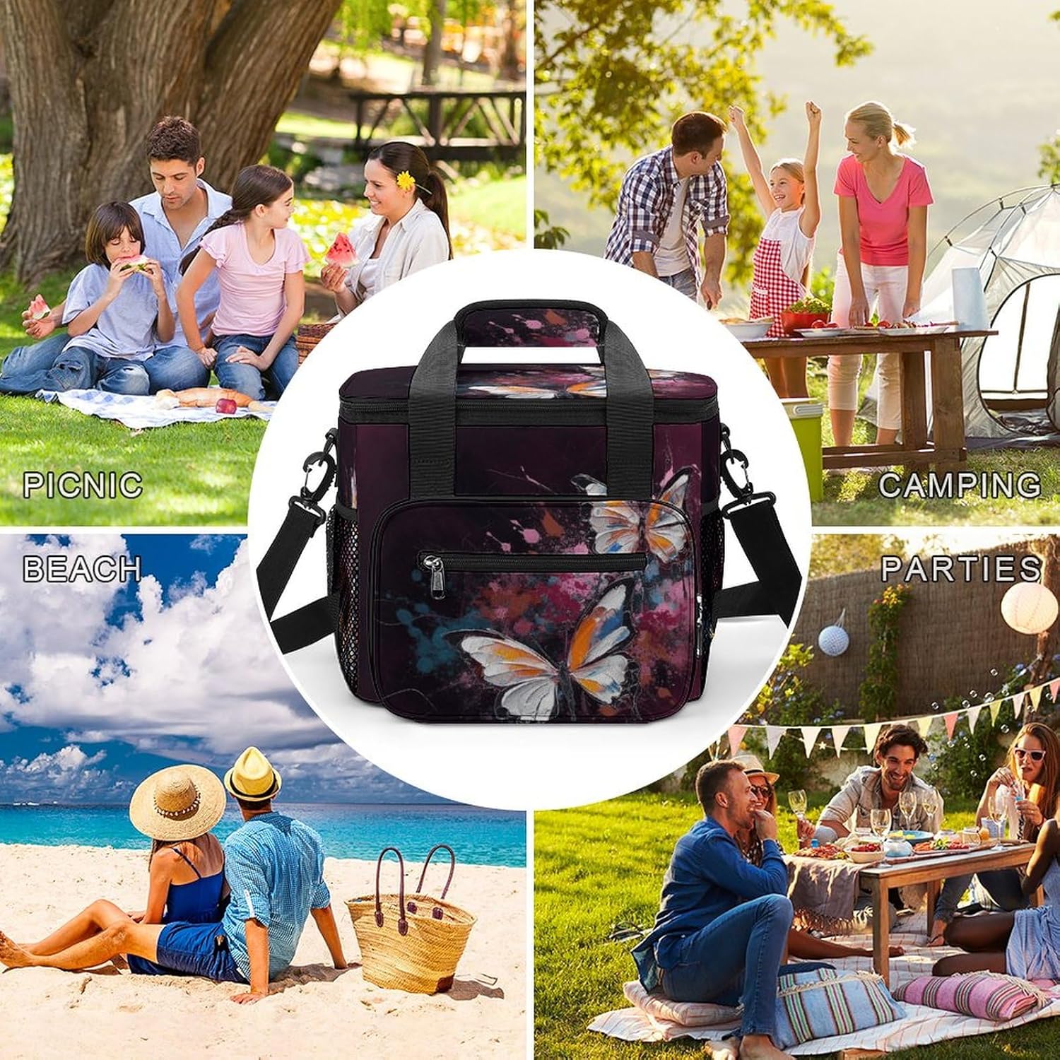 Camping Ice Pack, Abstract Butterfly Print Cooler Bag, 22.5L Large Capacity Insulated Lunch Tote Bag for Outdoor, Picnic, BBQ, Travel, Work