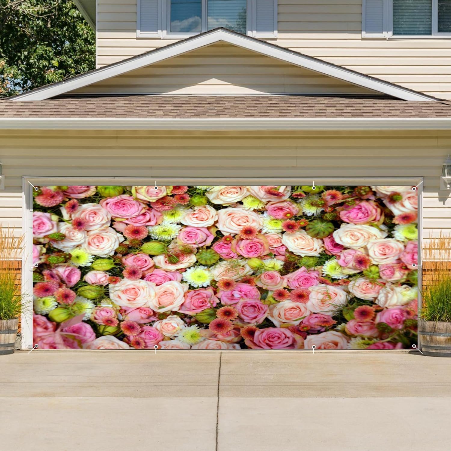 Floral Garage Door Cover Banner Decorations Backdrop 7x16ft Large Pink White Rose Wall Spring Colorful Flowers Garage Door Cover Outdoor Birthday Party Baby Shower Wedding Garage Door Photo Background