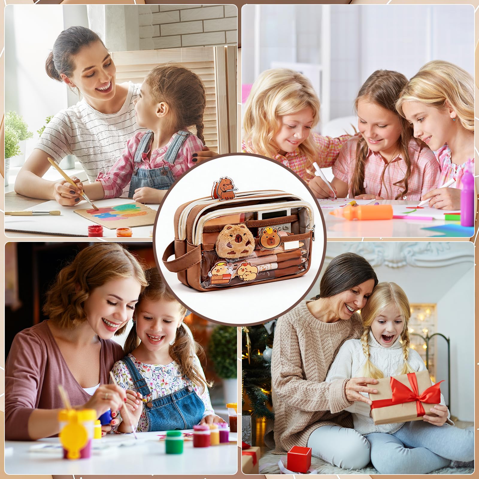 Trousse Capybara Kawaii Ensemble Papeterie avec Stylo Règle Autocollants Pins Porte-clés Blocs-Notes Grande Capacité Bureau École