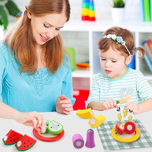 Miniatura 7 de MerryPony Juego de comida de madera para niños, accesorios de cocina, 34 piezas de juguetes de corte de frutas y verduras con 4 cajas de