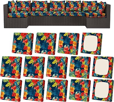 14Pcs Patio Cushion Covers, Stretch Couch & Sofa Replacement Slipcovers for Patio Furniture Cushion Covers, Washable Reusable Furniture Protector, Square Large, Big Flower