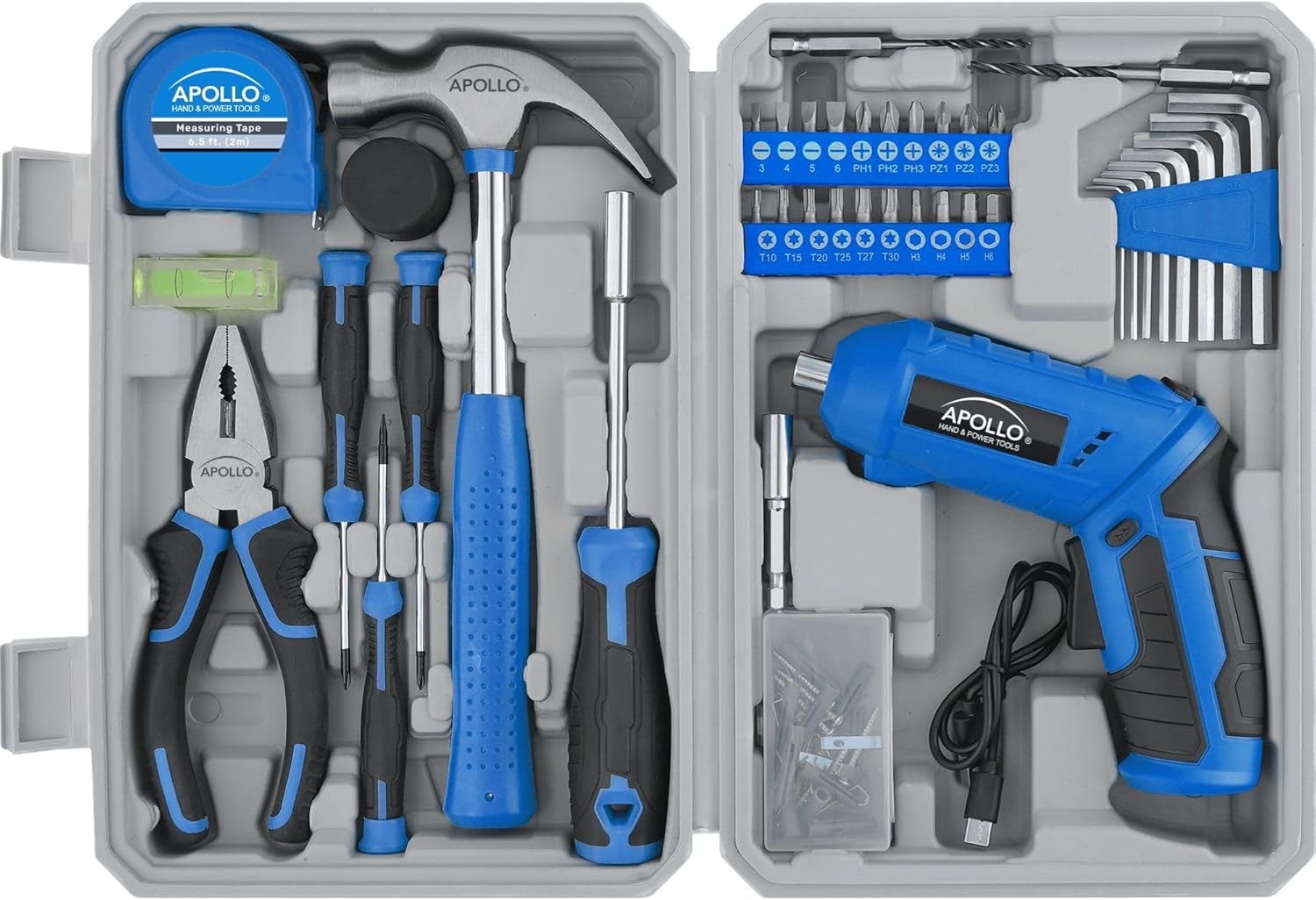 Apollo Tools 81-Piece Home Tool Set with 3.6V Li-Ion USB Cordless Screwdriver, Rotating Handle, LED Light, Hand Tools & Picture Hanging Kit – Compact Household Repair & DIY Kit, Blue/Gray DT2020