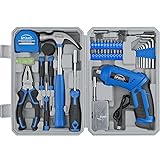 Apollo Tools 81-Piece Home Tool Set with 3.6V Li-Ion USB Cordless Screwdriver, Rotating Handle, LED Light, Hand Tools & Picture Hanging Kit – Compact Household Repair & DIY Kit, Blue/Gray DT2020