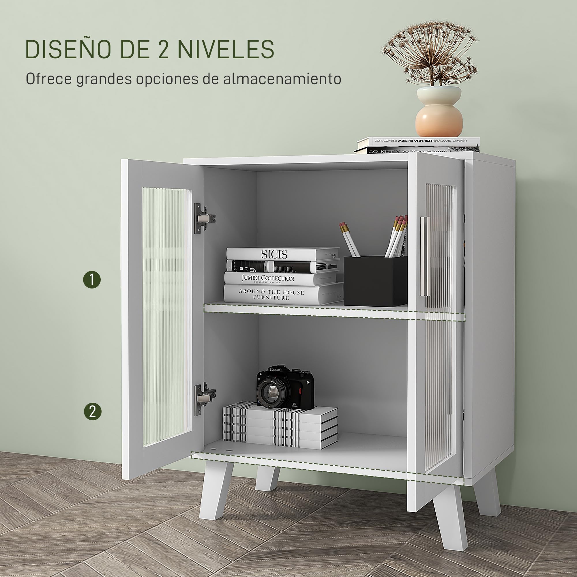 HOMCOM Aparador de 2 Puertas, Aparador de Salón con 2 Estantes, Puertas Transparentes, para Cocina, Entrada, Dormitorio, Blanco, 61x35x75 cm