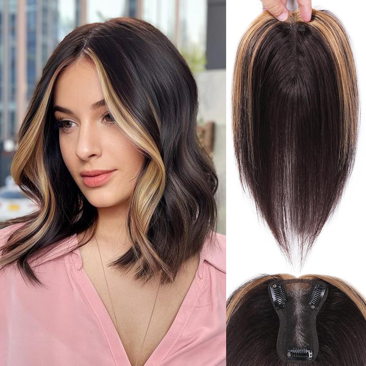 Hair Toppers for Women Real Human Hair,360°3D Cover Clip in,Hair Pieces,Wig Toppers for Thinning Hair,Human Hair Toppers for Women,Swiss Base (#Dark Brown with Blonde Hightlights, 10 inch)