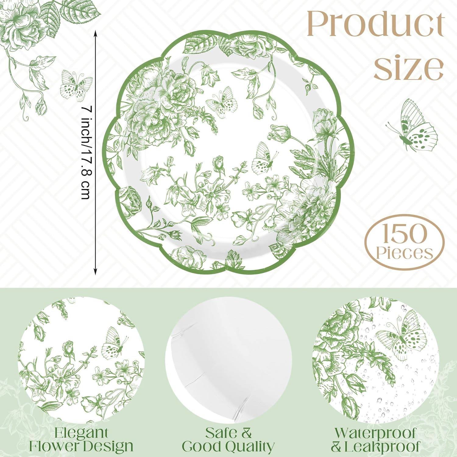 Kochorie 150 Pieces Sage Green Flower Paper Plates 7 Inches Disposable Floral Paper Plates Scalloped Sage Green Chinoiserie Vintage Flower Dessert Plate for Wedding Birthday Holiday Party Supplies