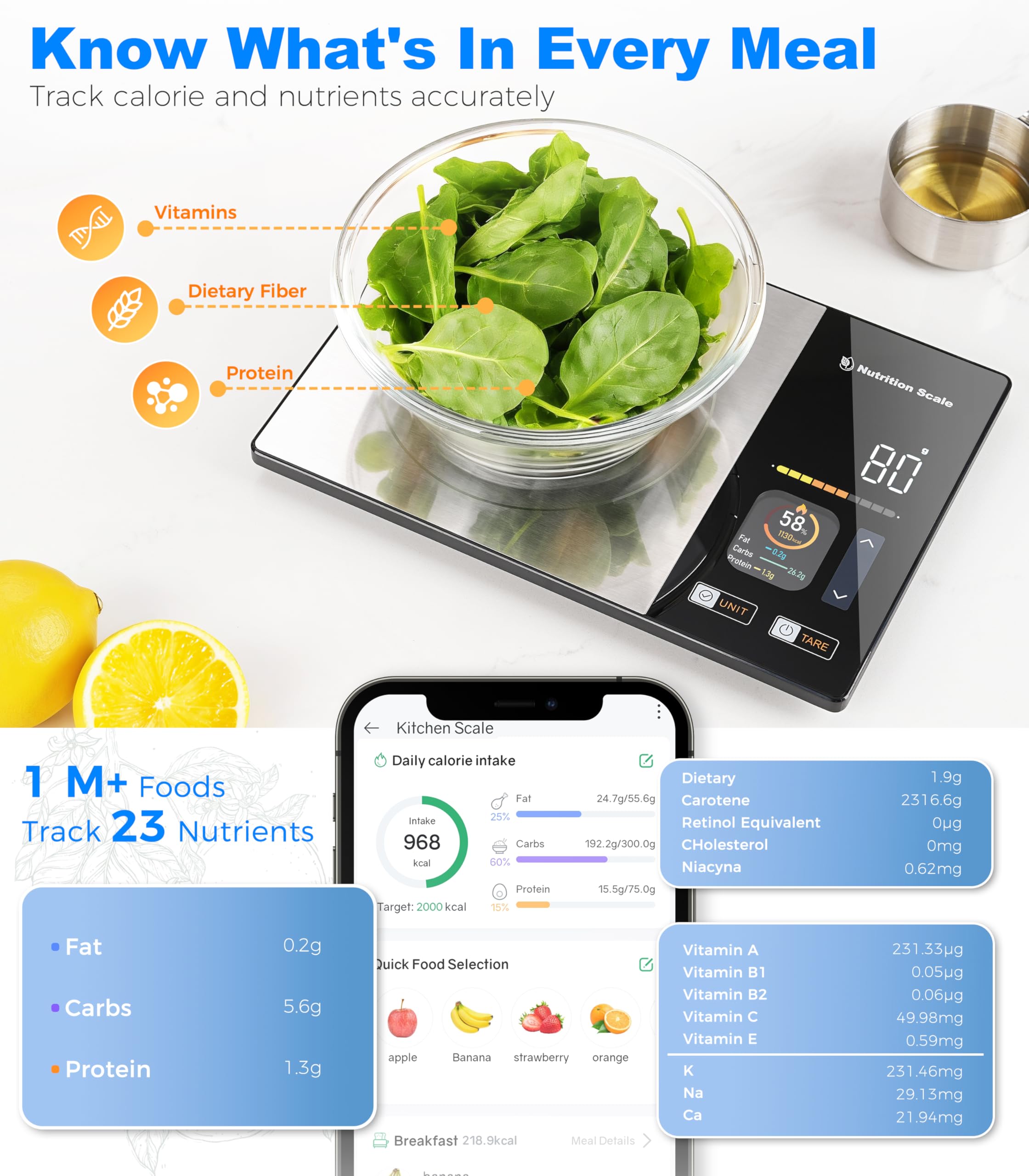 Bilancia intelligente per alimenti con calcolatrice nutrizionale, bilancia calorie per dimagrire, selezione rapida degli alimenti e monitoraggio dei 23 nutrienti, display a colori con 5 unità