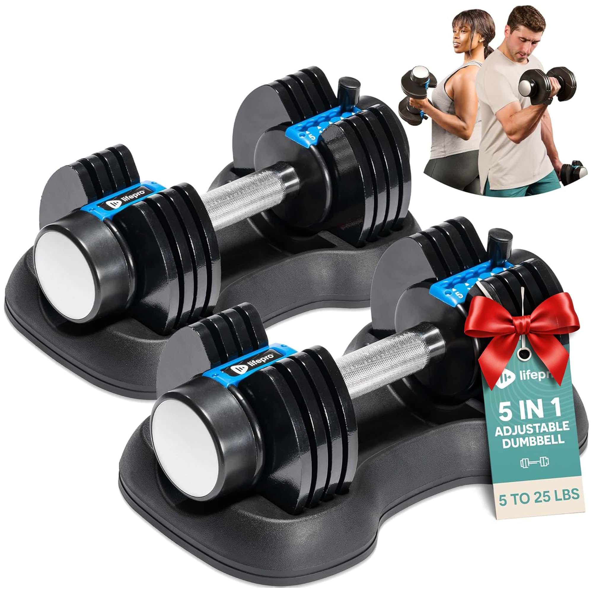 Lifepro Adjustable Dumbbells Set - 5in1-15lb 25lb 43lb 55lb weights Set & Single with Rack - Quick Adjust, Secure Grip - Compact Hand Weights for Men Women Home Gym