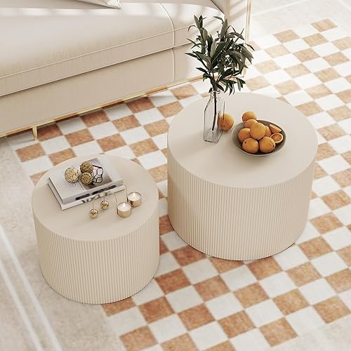 Miniatura 7 de Juego de 2 mesas auxiliares redondas, modernas mesas anidables de madera beige para sala de estar, no requiere montaje, juego de mesas auxiliares