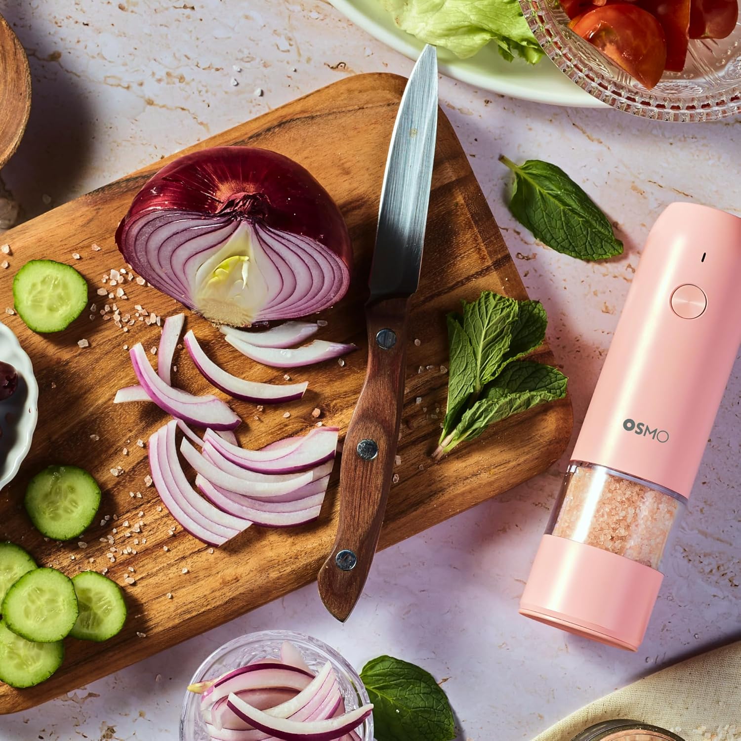 Osmo Rechargeable Electric Pepper Grinder - Adjustable Coarseness, LED Light, Ceramic Core, Battery Operated Mill, One Button Operation for Gourmet Cooking - Pink