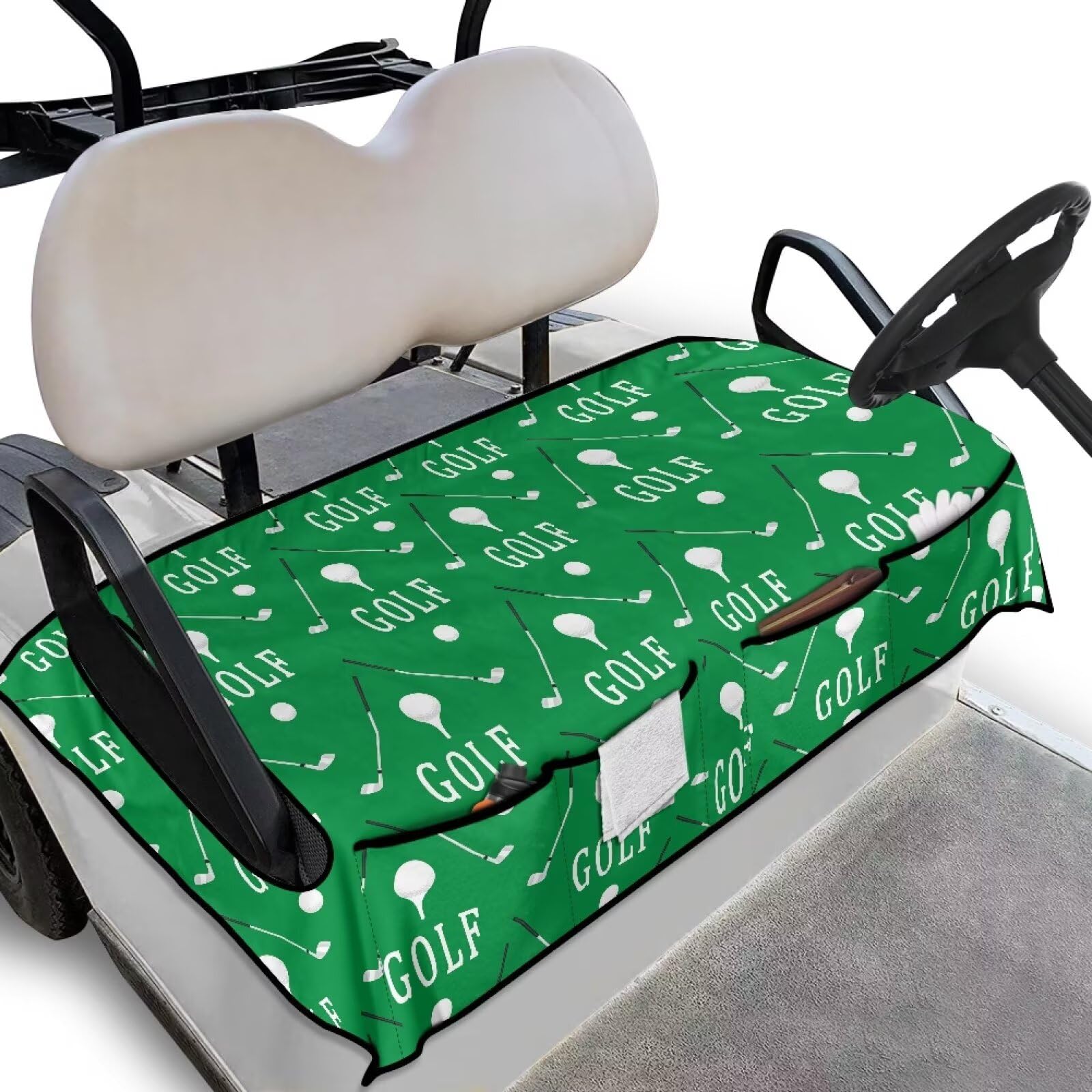 Biyejit Golf Cart Seat Covers, Universal Golf Cart Seat Towel Blanket with 4 Front Pockets for 2-Person Seats Golf Carts