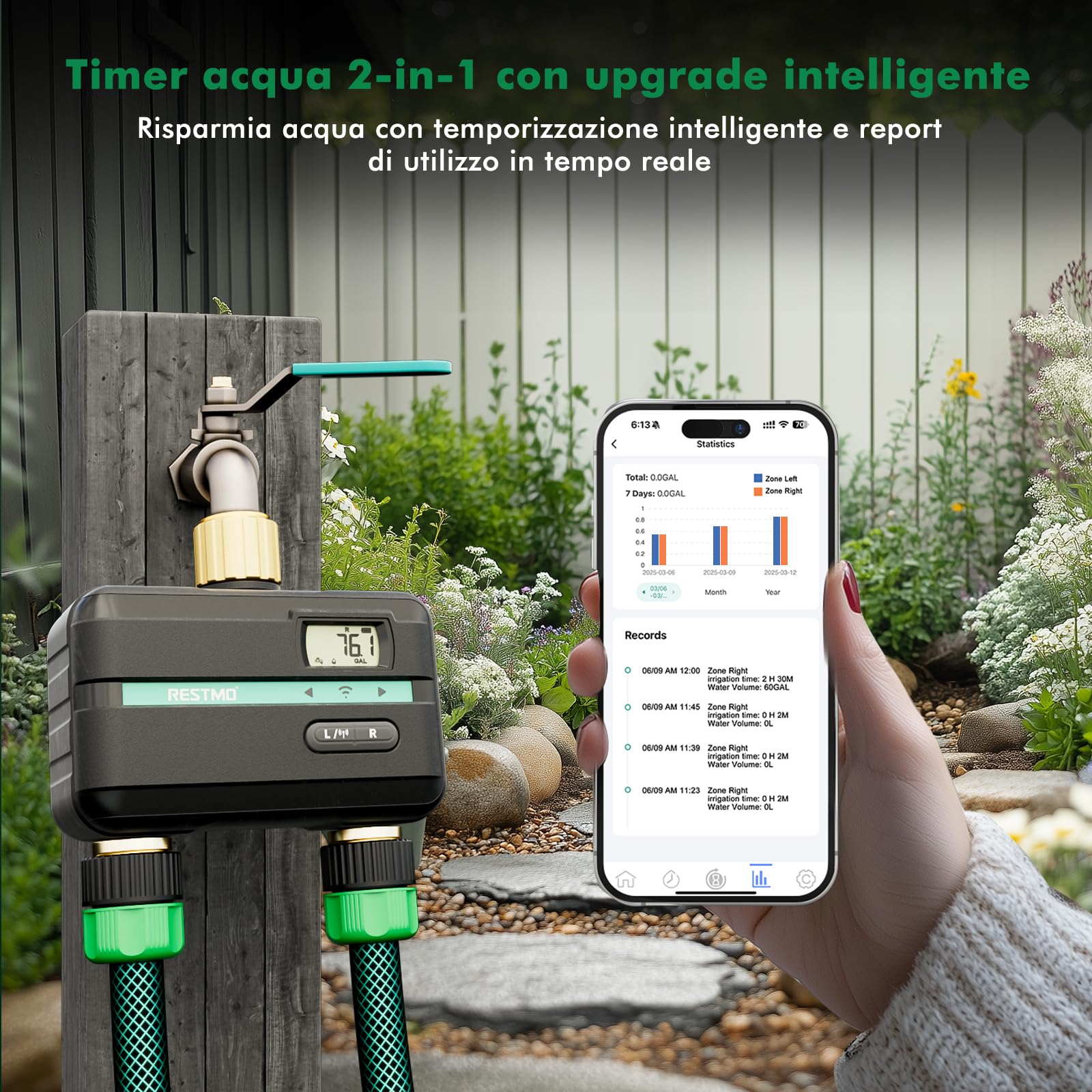 RESTMO Computer di irrigazione a 2 zona Chip Bluetooth + Wi-Fi integrato | Controllo app, Automatico/Manuale/Ritardo Pioggia, Timer per Tubo da Giardino
